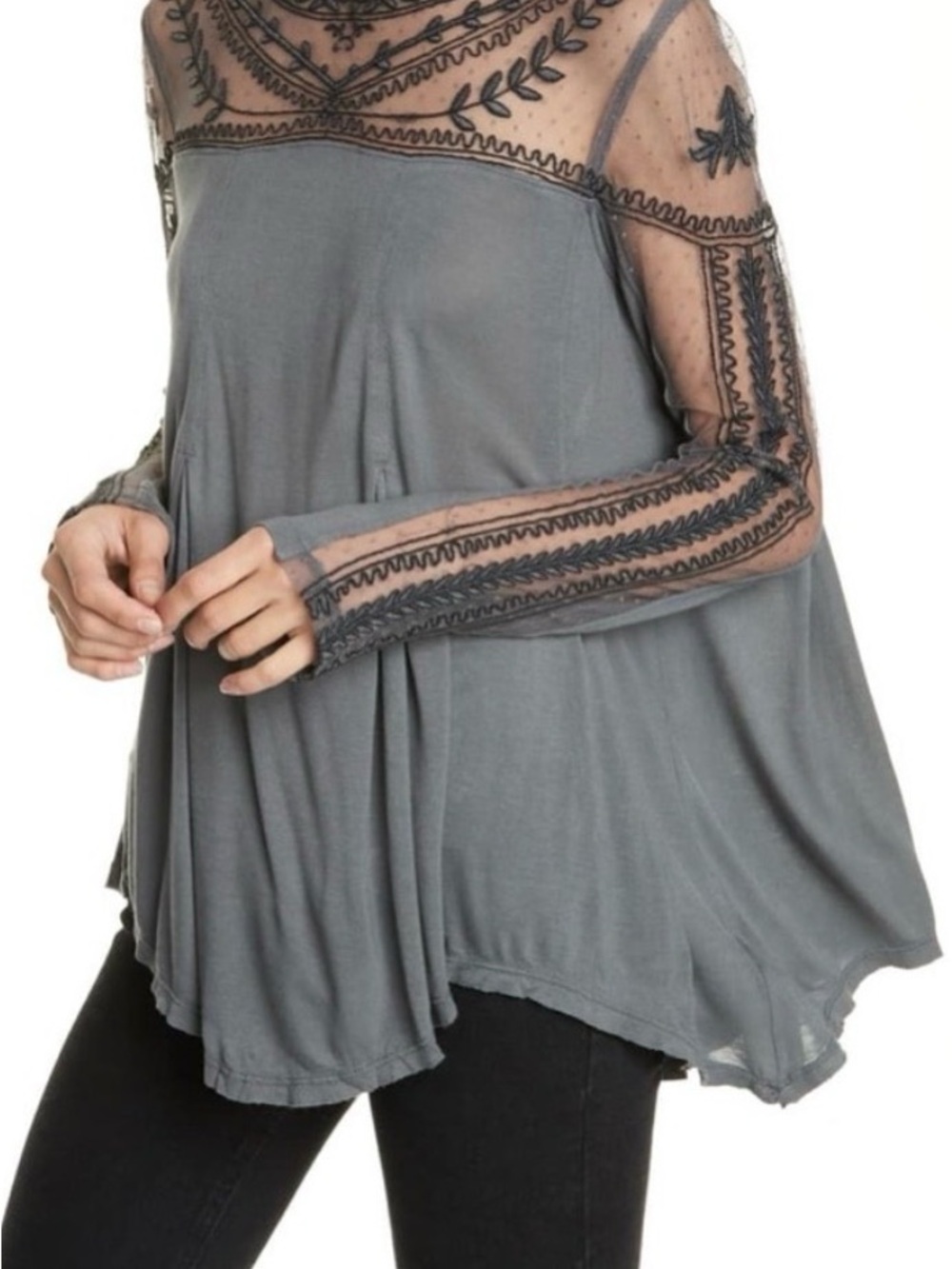 Free People Jojo Gray Embroidered Sheer Yoke Long Sleeve Top